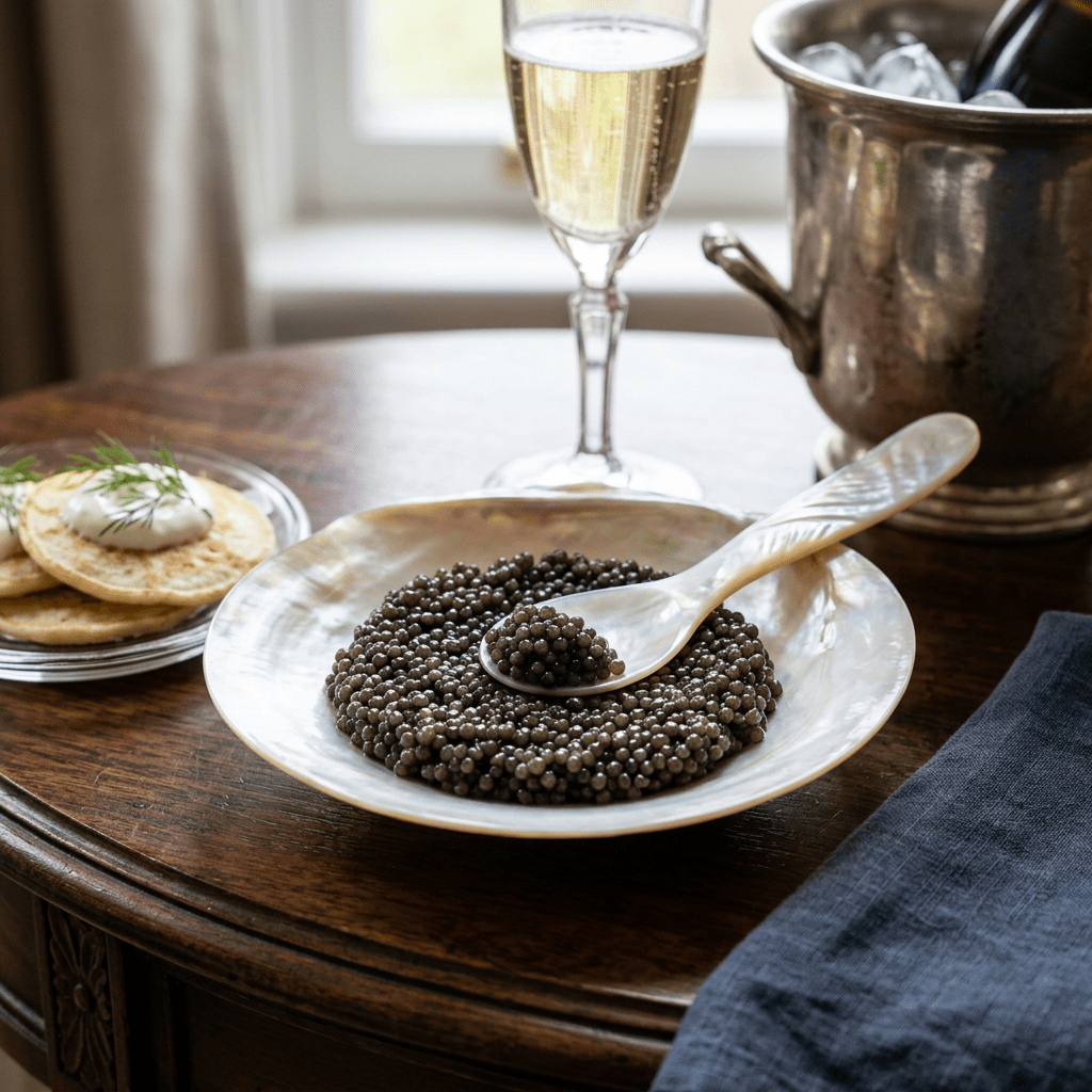 Plate of black caviar with mother-of-pearl spoon, blinis with cream and dill, and a glass of champagne